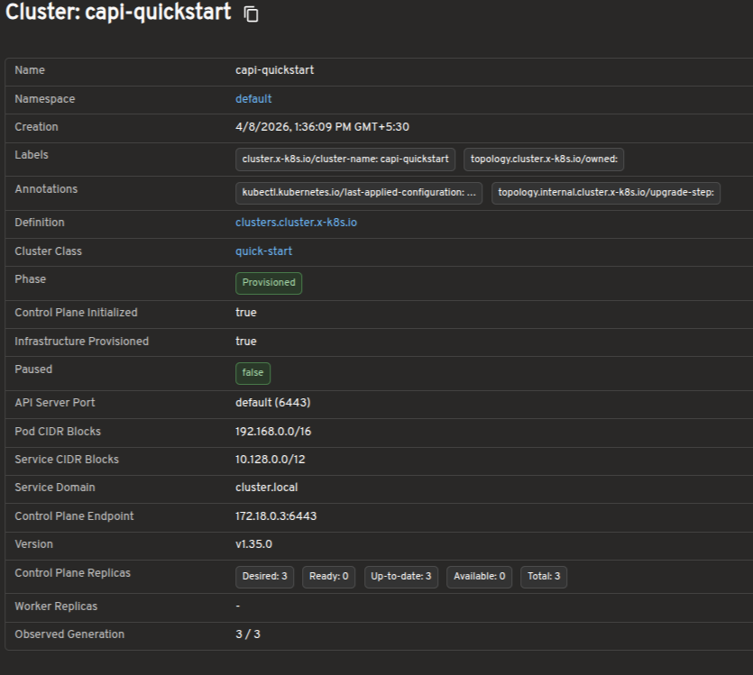 Cluster detail view showing resource status and conditions
